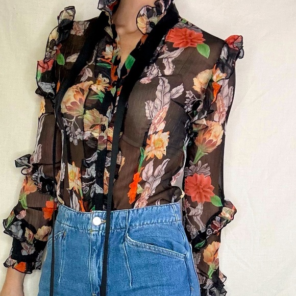 Jade & Cloud Sheer Button up Floral, Ruffle Black Bodysuit,  Size Small - Picture 1 of 15